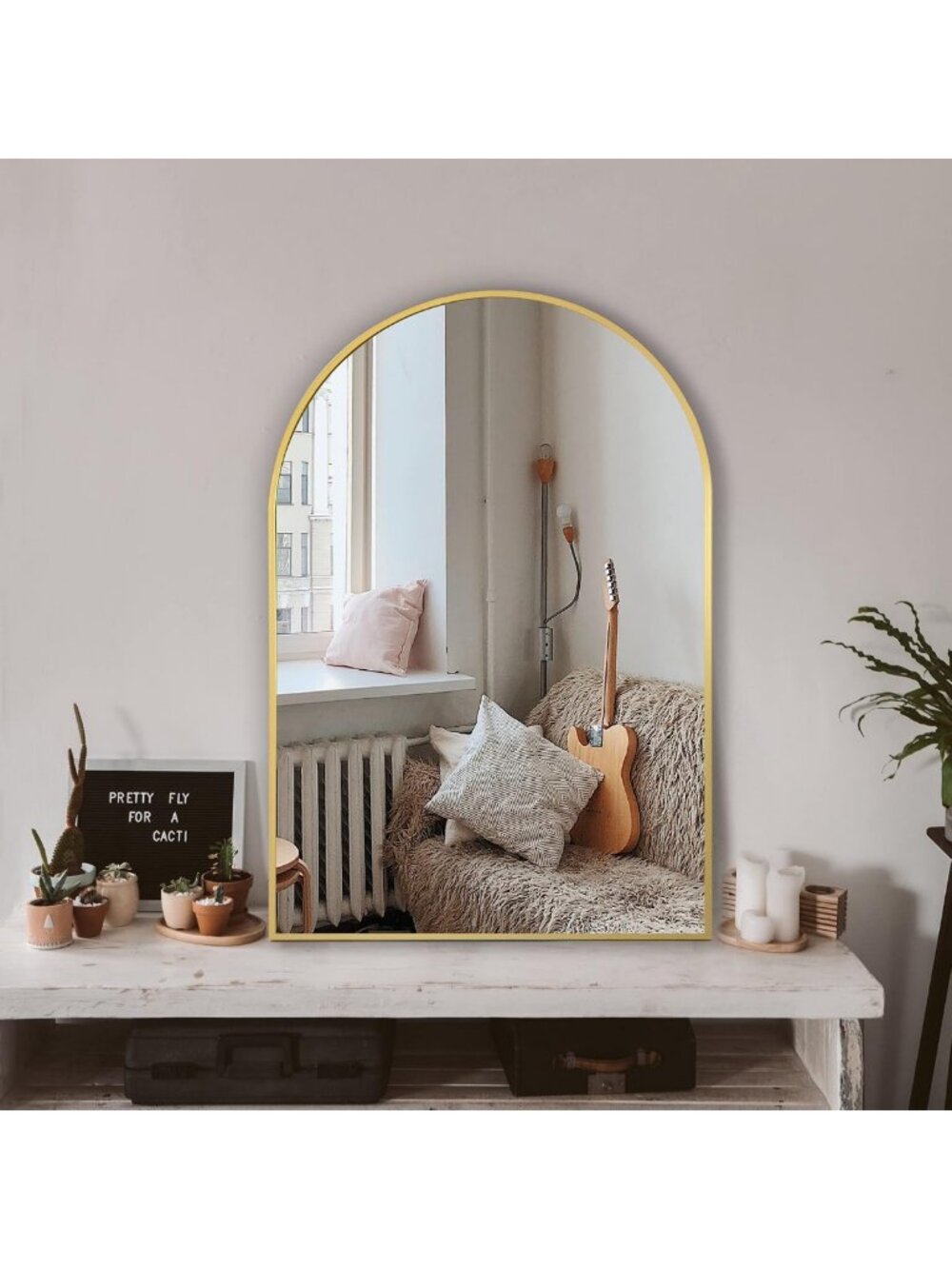 36x24 Arched Wall Mirror with Metal Frame - Stylish Gold Vanity Decor